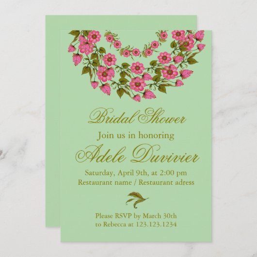 ピンクのフローラリース |ブライダルシャワーの招待 招待状 (正面/裏面)