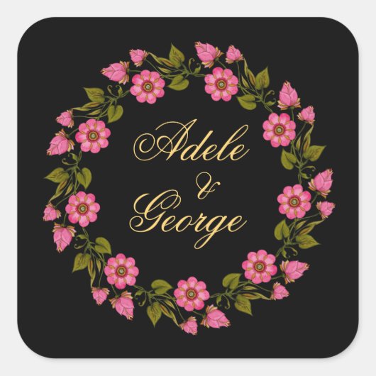 ピンクのフローラリース | 結婚式の引き出物シールN スクエアシール (正面)