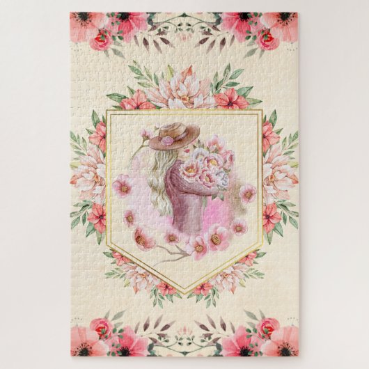 ピンクのフローラレディ、春アートワーク ジグソーパズル (縦)