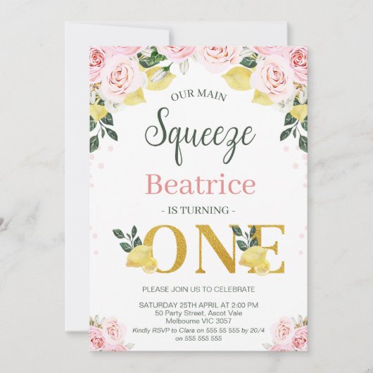 ピンクのフローラレモン私たちのメインスクイーズ1歳の誕生日 招待状 (正面)