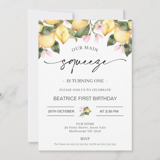 ピンクのフローラレモン私たちのメイン絞り1日の誕生日 招待状 (正面)