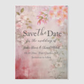 ピンクのフローラロマンチックな結婚式の日付を保存 ベラム紙招待状 (正面)