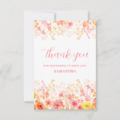 ピンクのフローラワイルドフラワーベビーシャワー サンキューカード (正面)