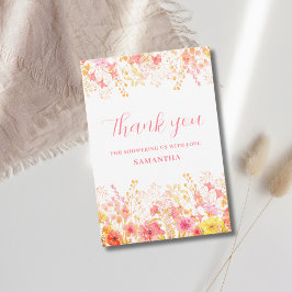 ピンクのフローラワイルドフラワーベビーシャワー サンキューカード