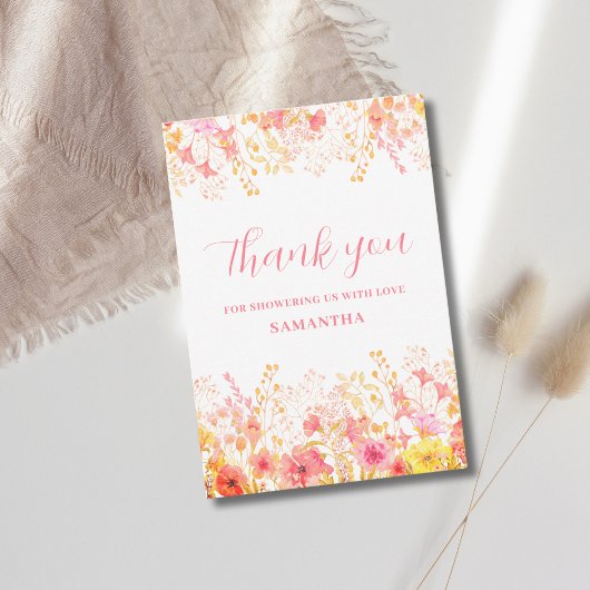 ピンクのフローラワイルドフラワーベビーシャワー サンキューカード