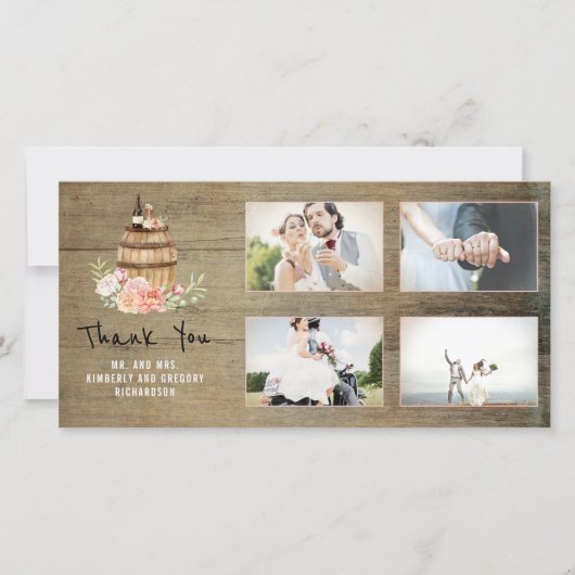 ピンクのフローラワインバレル素朴ありがとうござ結婚う サンキューカード (正面)