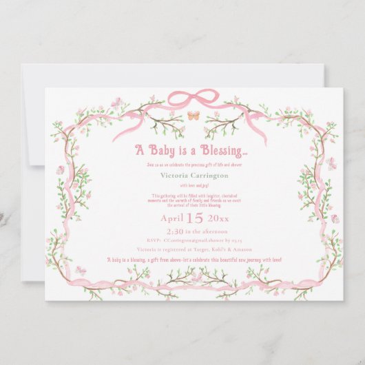 ピンクのフローラヴィンテージエレガントベビーシャワー 招待状 (正面)