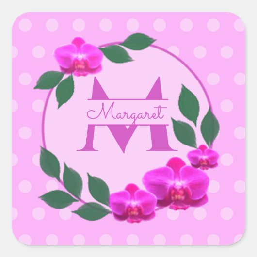 ピンクのフローラヴィンテージパーソナライズされた名イニシャル スクエアシール (正面)