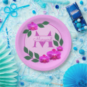 ピンクのフローラヴィンテージパーソナライズされた名イニシャル ペーパープレート (パーティー)