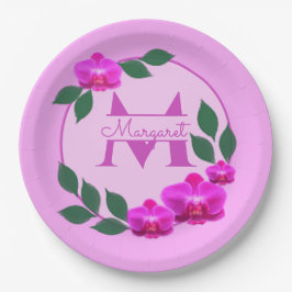 ピンクのフローラヴィンテージパーソナライズされた名イニシャル ペーパープレート