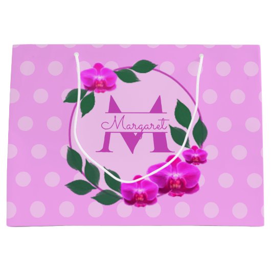 ピンクのフローラヴィンテージパーソナライズされた名イニシャル ラージペーパーバッグ (正面)