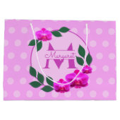 ピンクのフローラヴィンテージパーソナライズされた名イニシャル ラージペーパーバッグ (裏面)