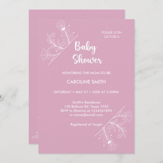 ピンクのフローラヴィンテージベビーシャワー 招待状 (正面/裏面)