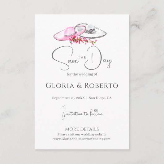 ピンクのフローラヴィンテージメキシコの結婚式の日付を保存 エンクロージャーカード (正面)