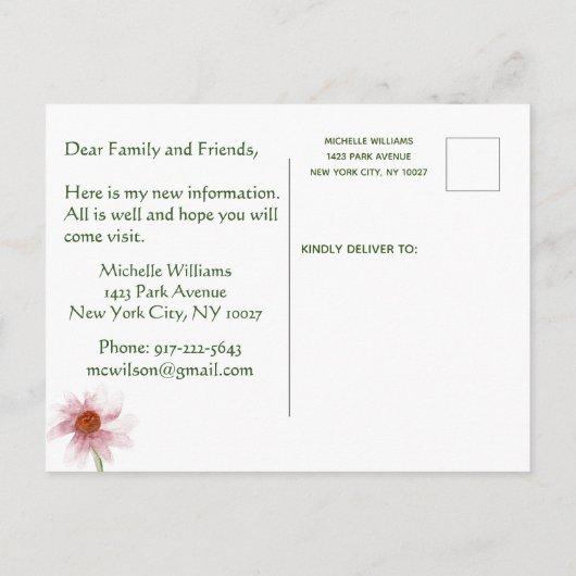 ピンクのフローラ予算エレガントを引っ越した 案内ポストカード (裏面)