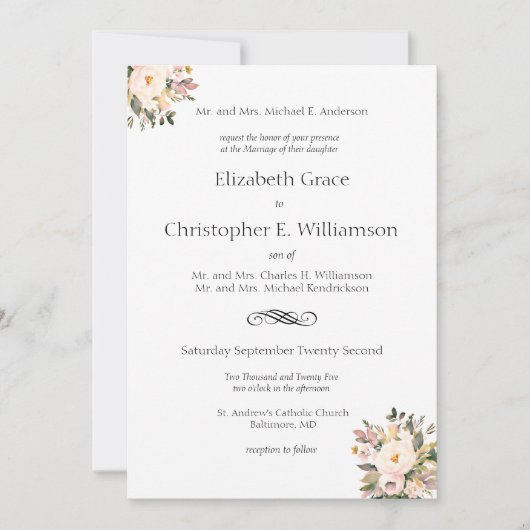 ピンクのフローラ伝統的フォーマル緑結婚の 招待状 (正面)