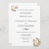 ピンクのフローラ伝統的フォーマル緑結婚の 招待状 (正面/裏面)