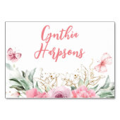 ピンクのフローラ個々のゲスト名テーブルカード テーブルナンバー (正面)