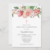 ピンクのフローラ写真の最初の女児の聖餐式 招待状 (正面)