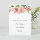 ピンクのフローラ写真の最初の女児の聖餐式 招待状 (スタンド正面)