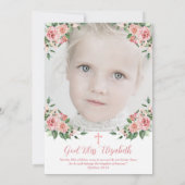 ピンクのフローラ写真の最初の女児の聖餐式 招待状 (裏面)