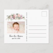 ピンクのフローラ写真の生誕発表葉書 案内ポストカード (裏面)