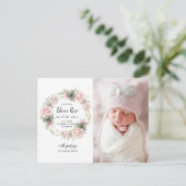 ピンクのフローラ写真の生誕発表葉書 案内ポストカード (スタンド正面)