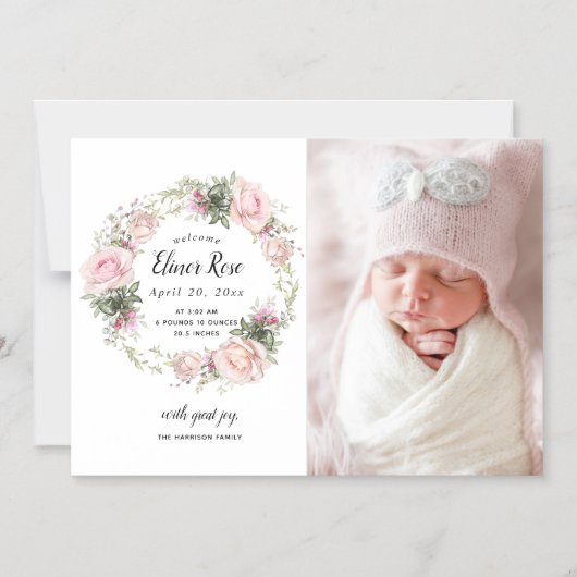 ピンクのフローラ写真の生誕発表 マグネット招待状 (正面)
