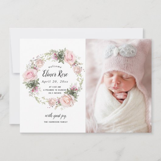 ピンクのフローラ写真の生誕発表 案内状 (正面)