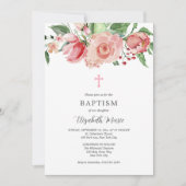 ピンクのフローラ写真聖書女の子のためのバプテスマ 招待状 (正面)
