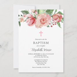 ピンクのフローラ写真聖書女の子のためのバプテスマ 招待状