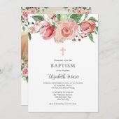 ピンクのフローラ写真聖書女の子のためのバプテスマ 招待状 (正面/裏面)