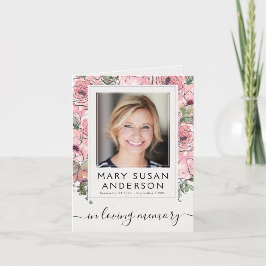 ピンクのフローラ写真葬儀記念ありがとう サンキューカード (正面)