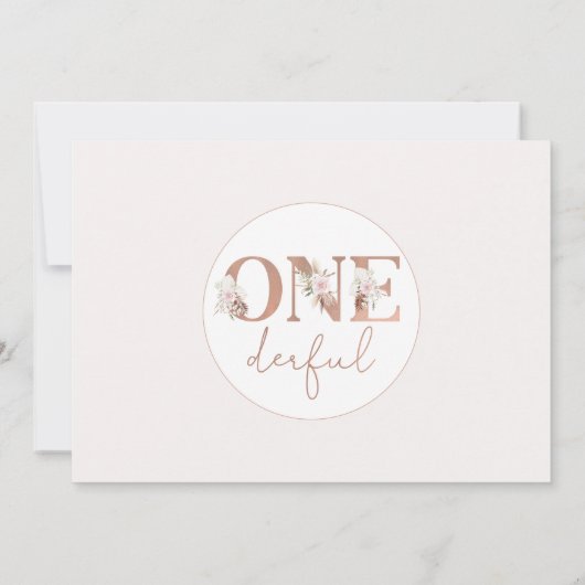 ピンクのフローラ写真Onederful 1歳の誕生日 招待状 (裏面)
