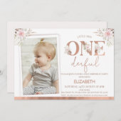 ピンクのフローラ写真Onederful 1歳の誕生日 招待状 (正面/裏面)