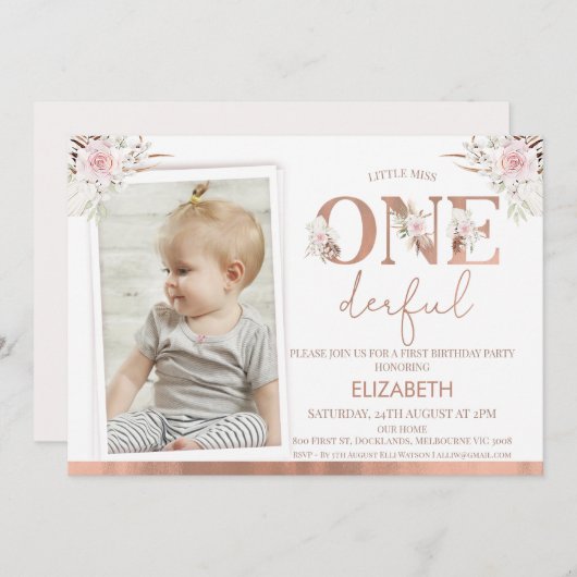 ピンクのフローラ写真Onederful 1歳の誕生日 招待状 (正面/裏面)