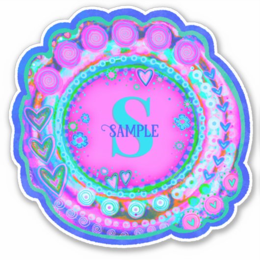 ピンクのフローラ名とイニシャルのインスピレーションカスタム シール (正面)