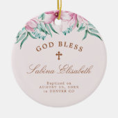 ピンクのフローラ女の子のバプテスマパーソナライズされた神の祝福 セラミックオーナメント (正面)