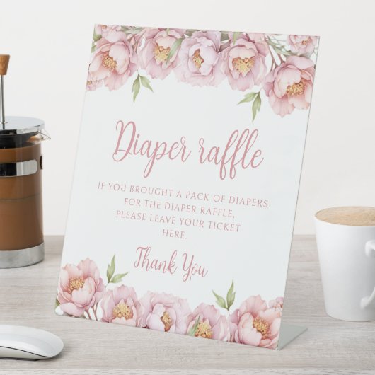 ピンクのフローラ女の子シャワーおむつラッフルサイン 台座サイン (インサイチュ)
