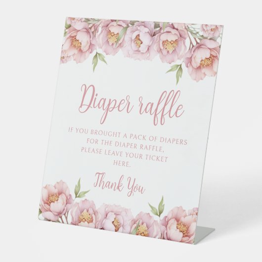 ピンクのフローラ女の子シャワーおむつラッフルサイン 台座サイン (正面)