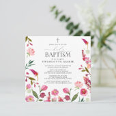 ピンクのフローラ女の子神聖なバプテスムウォーターカラーフラワー 招待状 (スタンド正面)