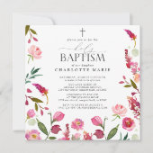 ピンクのフローラ女の子神聖なバプテスムウォーターカラーフラワー 招待状 (正面)