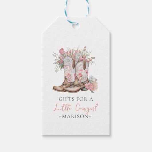 ピンクのフローラ女性のカーボーイブーツと緑のベイシャワー ギフトタグ (正面)