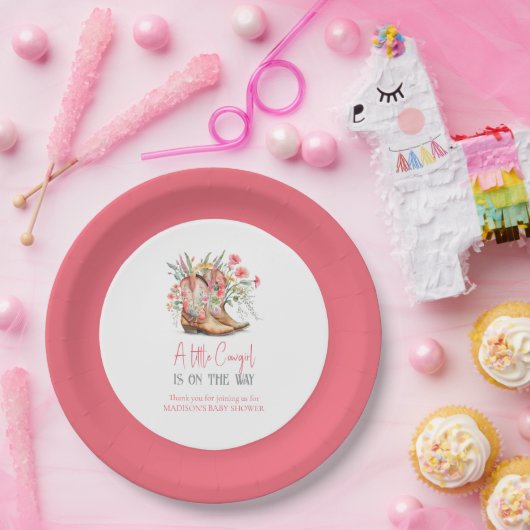 ピンクのフローラ女性のカーボーイブーツと緑のベイシャワー ペーパープレート (パーティー)