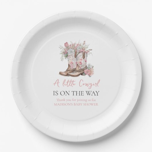 ピンクのフローラ女性のカーボーイブーツと緑のベイシャワー ペーパープレート (正面)