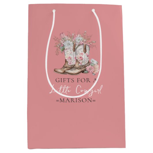 ピンクのフローラ女性のカーボーイブーツと緑のベイシャワー ミディアムペーパーバッグ (正面)