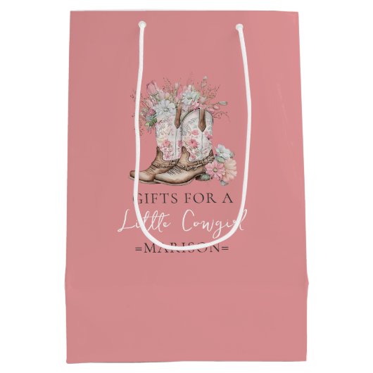 ピンクのフローラ女性のカーボーイブーツと緑のベイシャワー ミディアムペーパーバッグ (裏面)