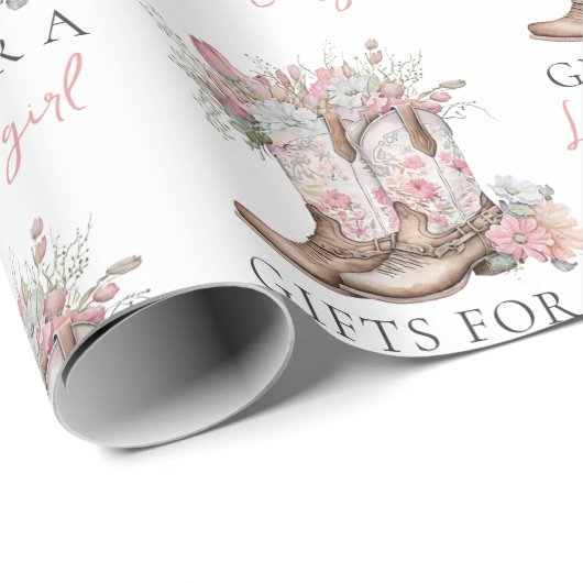 ピンクのフローラ女性のカーボーイブーツと緑のベイシャワー ラッピングペーパー (ロールコーナー)