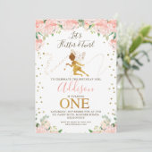 ピンクのフローラ妖精と妖精のダストファースト誕生日 招待状 (スタンド正面)