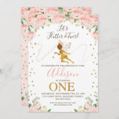 ピンクのフローラ妖精と妖精のダストファースト誕生日 招待状 (正面/裏面)